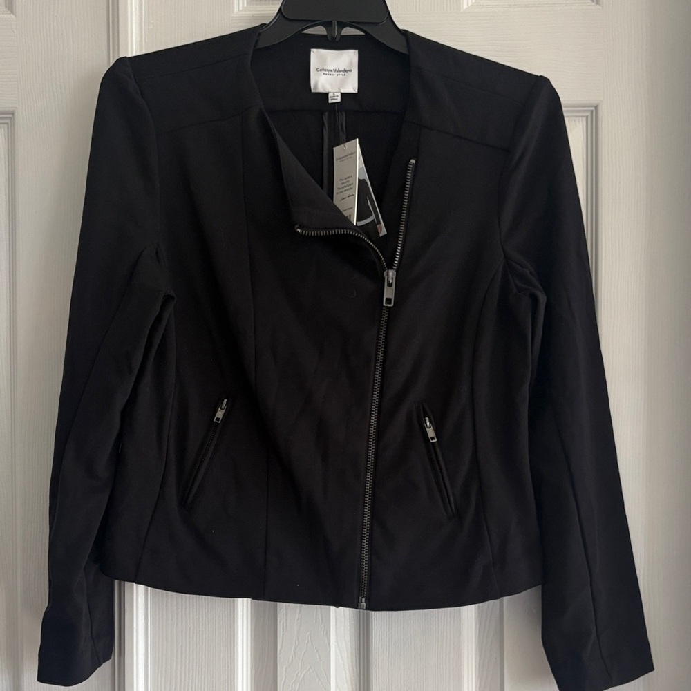 NWT Catherine Malandrino Runway Style Stretch Black Full Zip MOTO Jacket Large